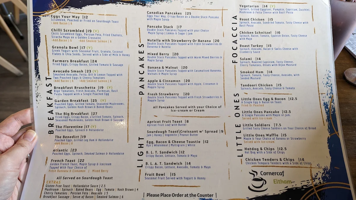 Menu, Cornercaf Eltham