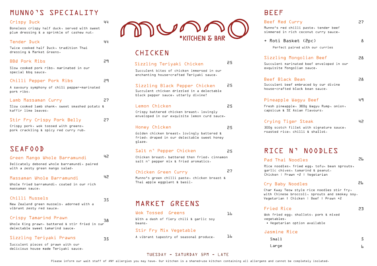 Menu, Munno Kitchen
