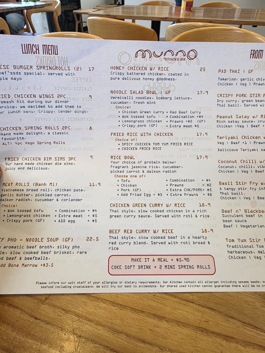 Menu, Munno Kitchen