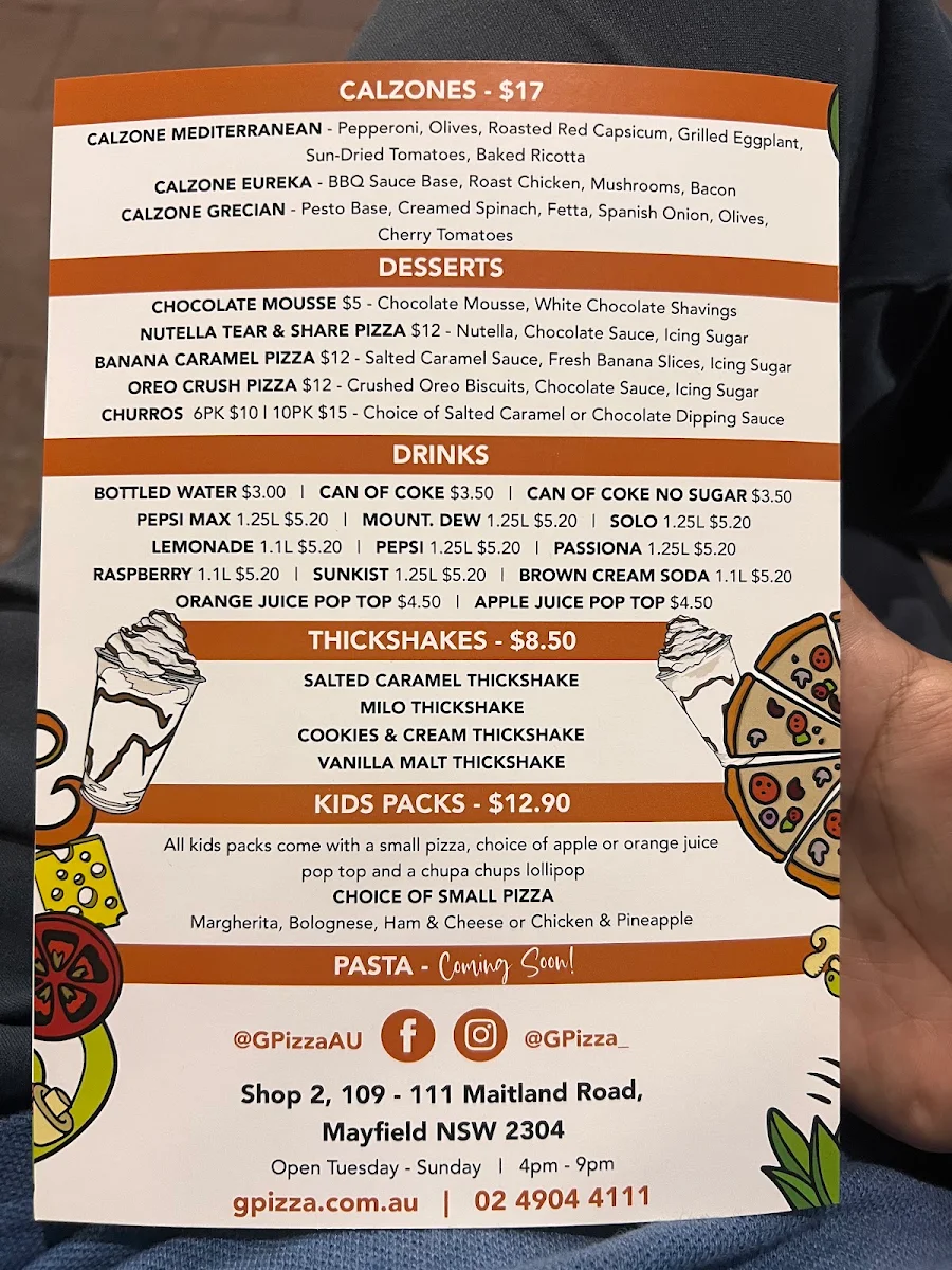 Menu, G Pizza Mayfield