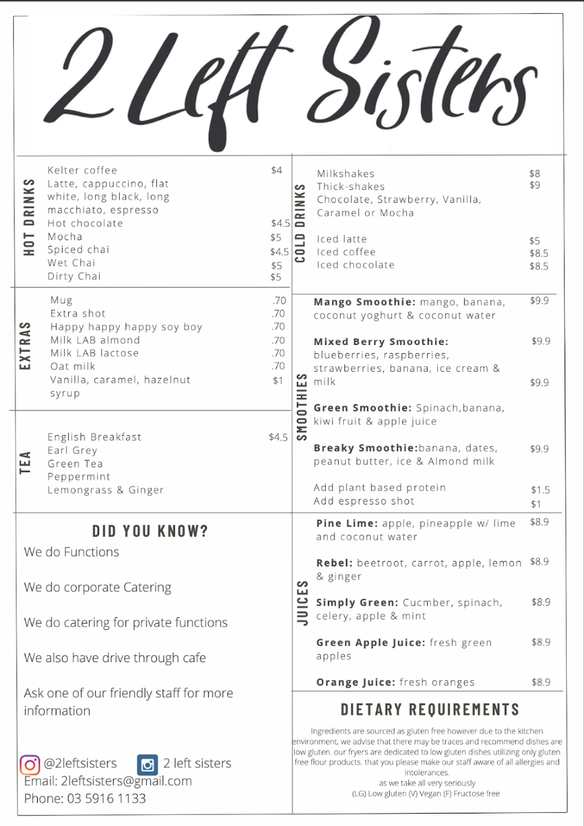 Menu, 2 Left Sisters