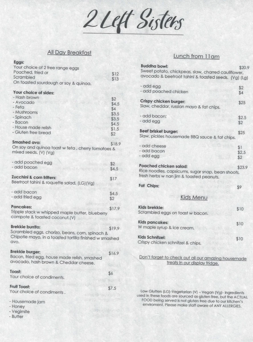 Menu, 2 Left Sisters