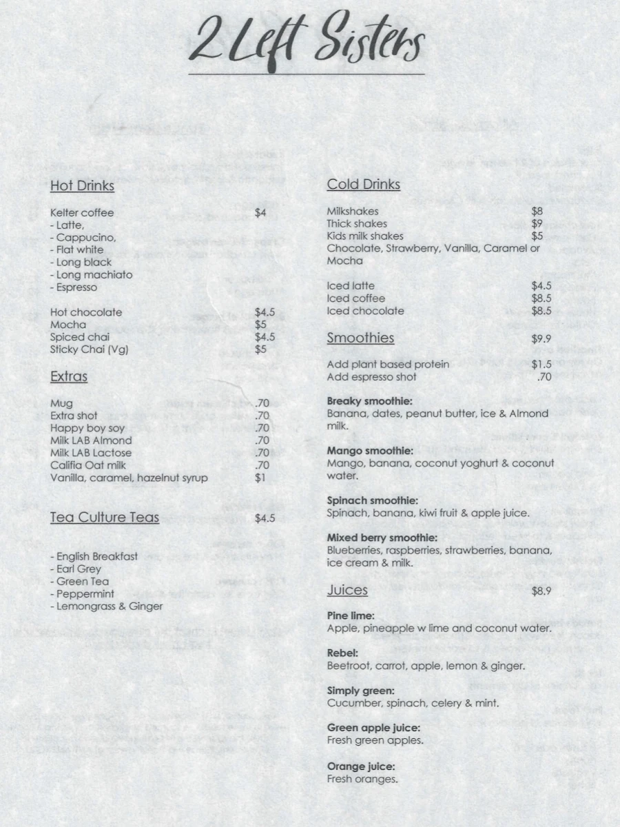 Menu, 2 Left Sisters