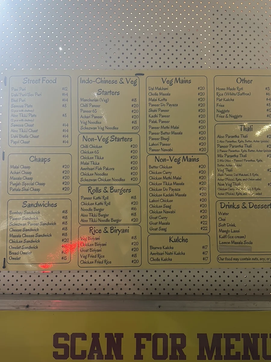 Menu, Punjab Food Corner