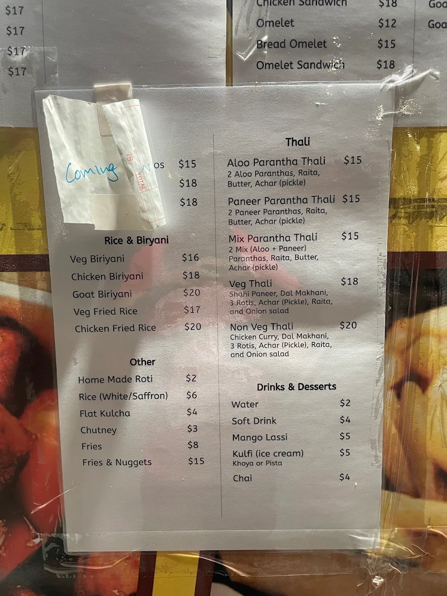 Menu, Punjab Food Corner