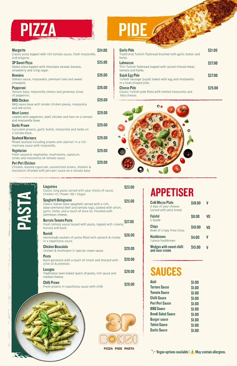 Menu, 3P Bondi I Pizza Pide Pasta