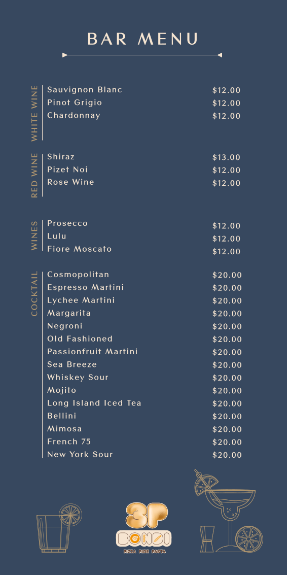 Menu, 3P Bondi I Pizza Pide Pasta
