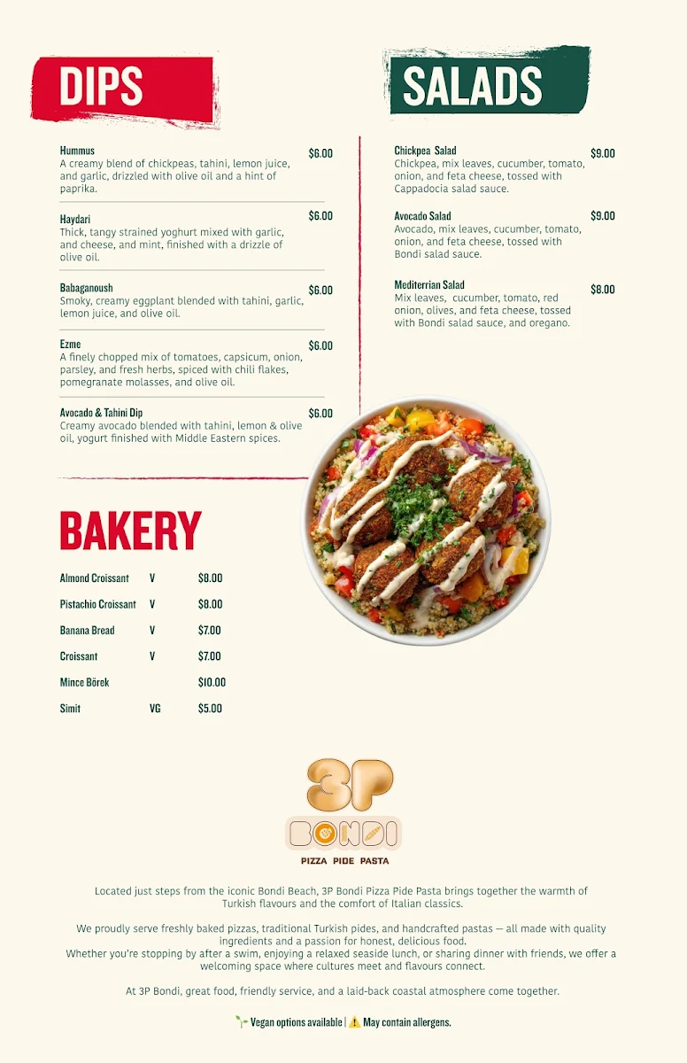 Menu, 3P Bondi I Pizza Pide Pasta