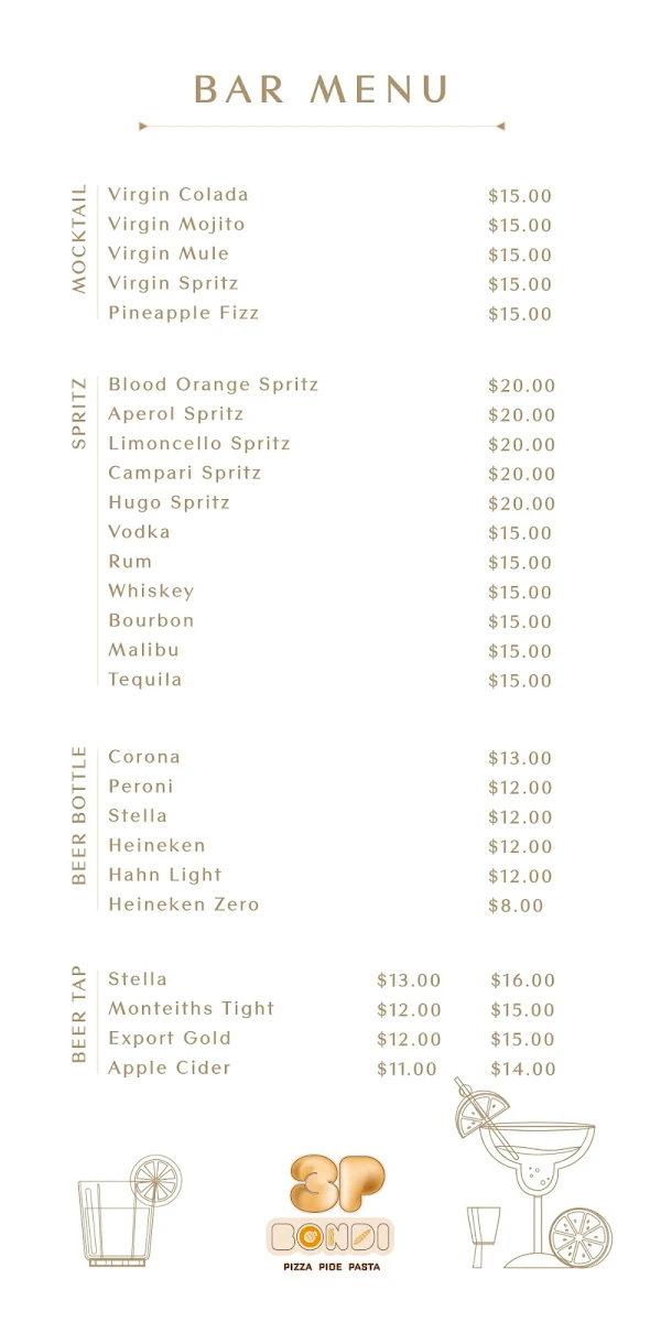 Menu, 3P Bondi I Pizza Pide Pasta