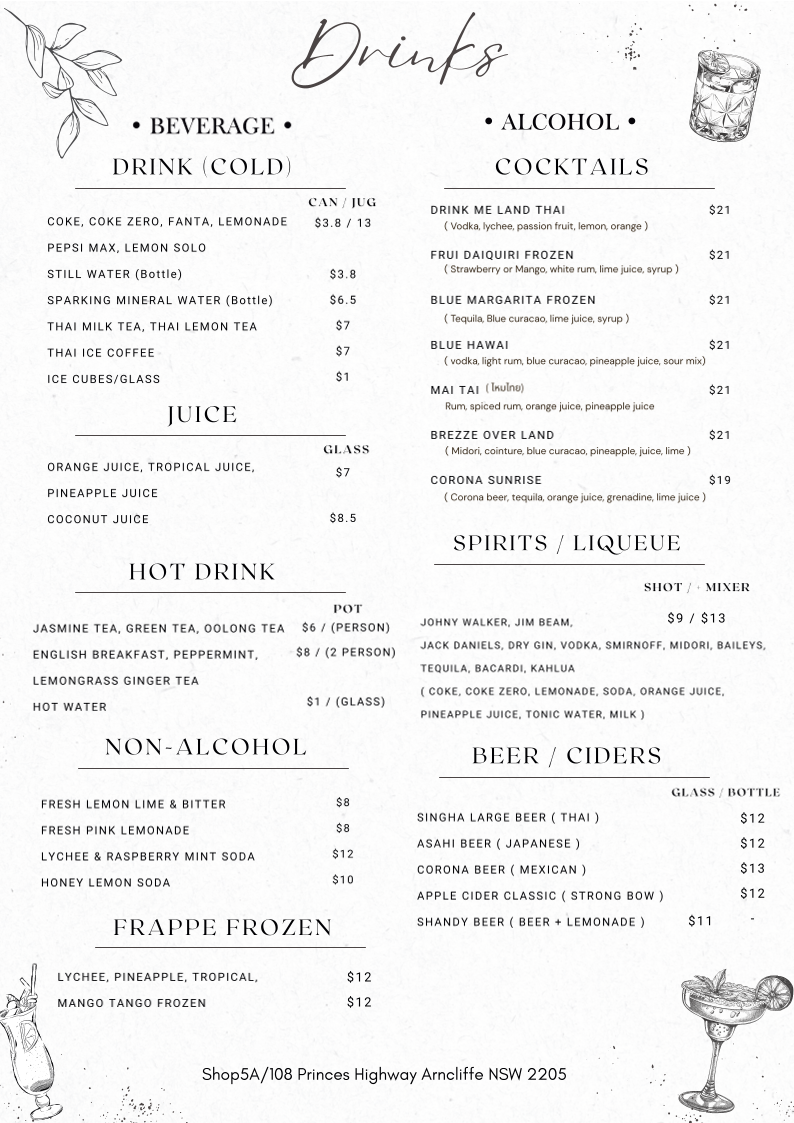 Menu, Land Thai Kitchen