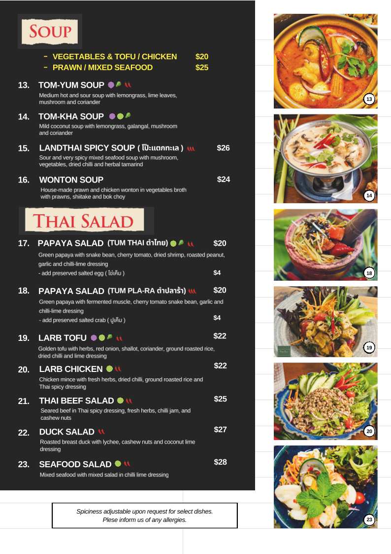 Menu, Land Thai Kitchen