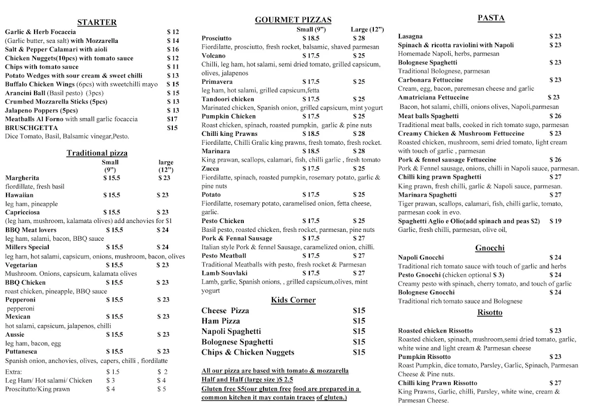 Menu, Millers Pizza Elsternwick