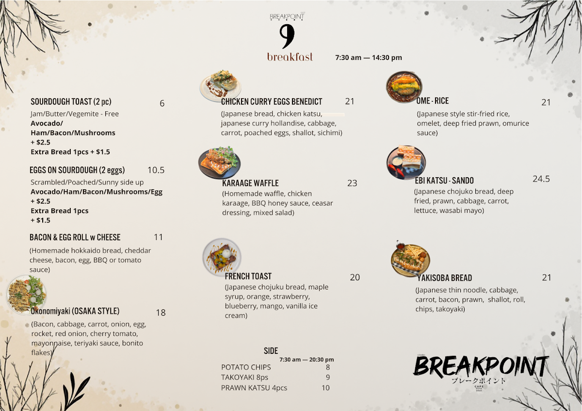 Menu, Breakpoint cafe (Parking available on Graf ave)
