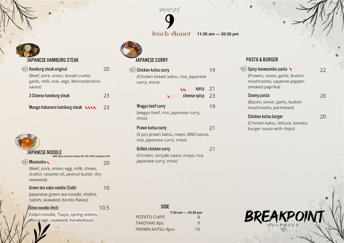 Menu, Breakpoint cafe (Parking available on Graf ave)