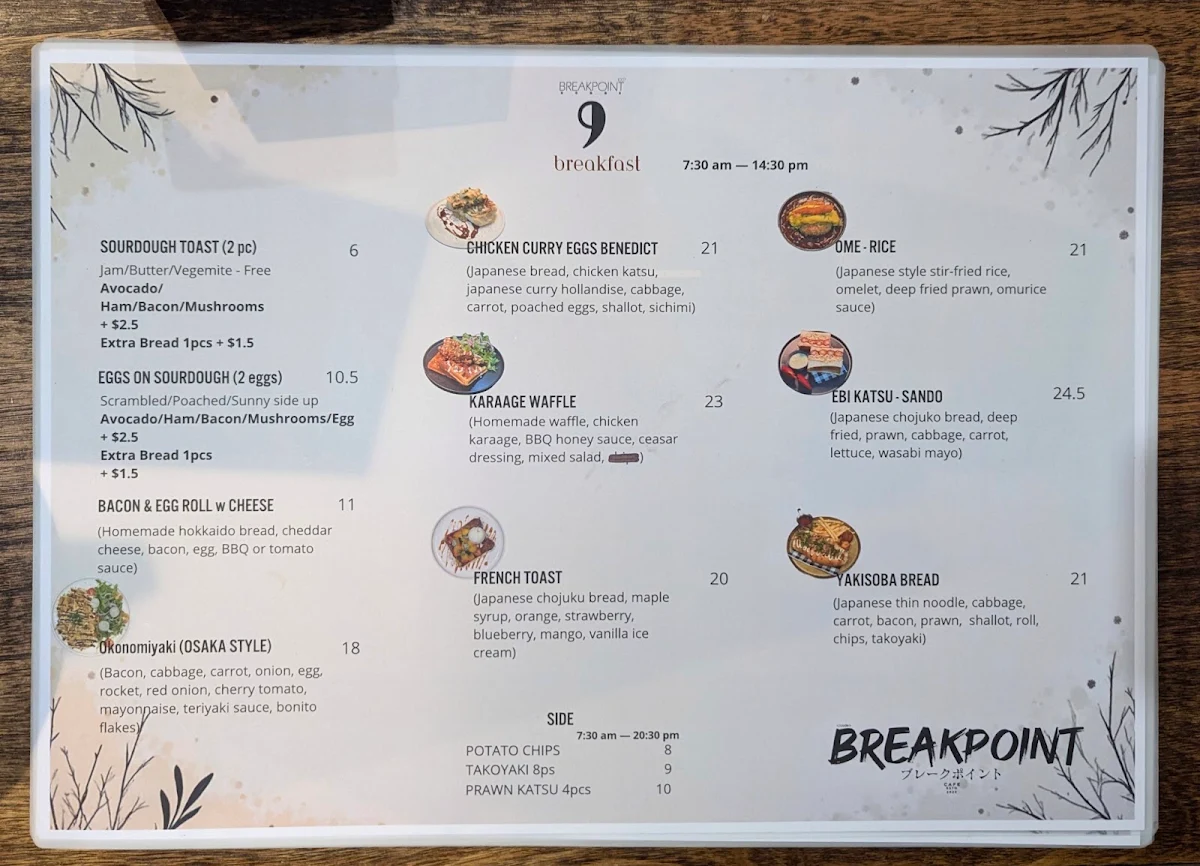 Menu, Breakpoint cafe (Parking available on Graf ave)