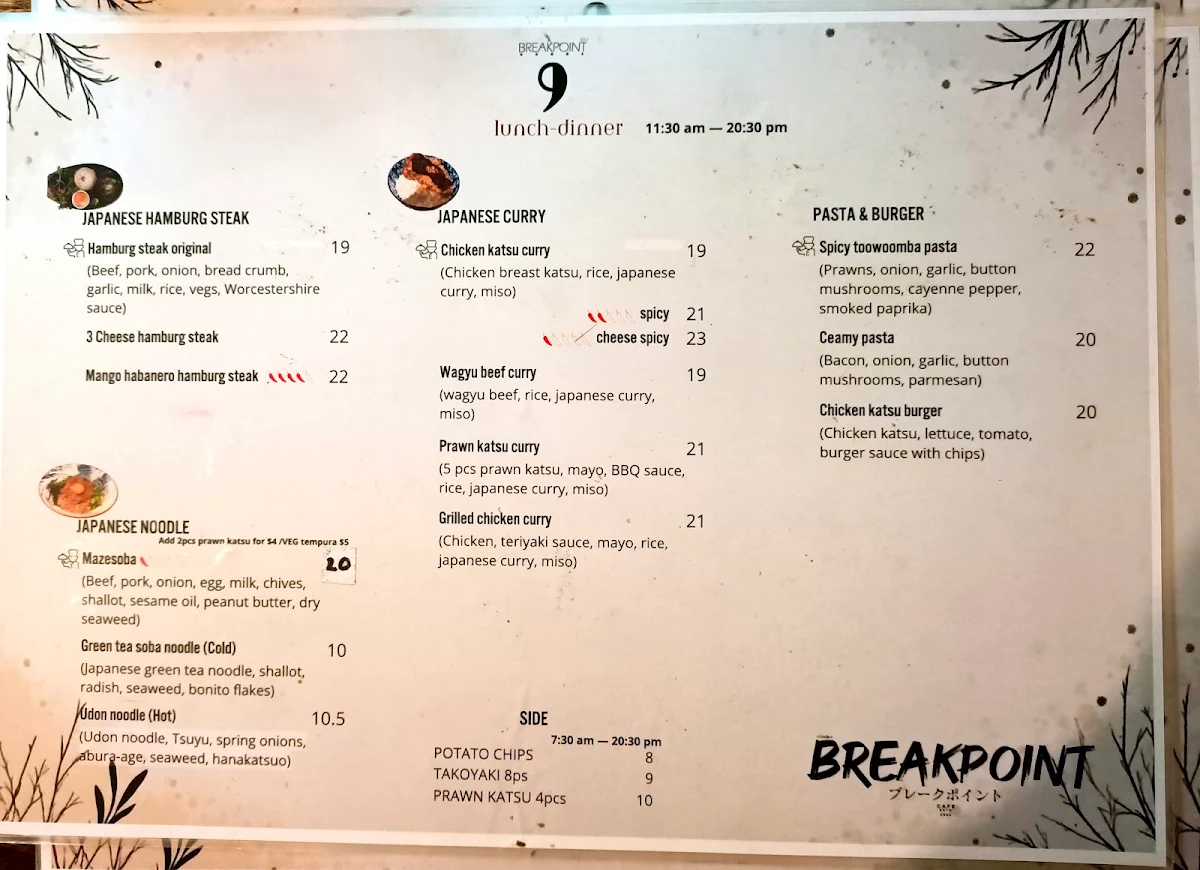 Menu, Breakpoint cafe (Parking available on Graf ave)