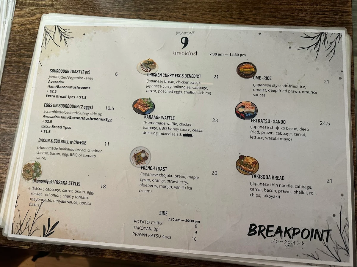 Menu, Breakpoint cafe (Parking available on Graf ave)