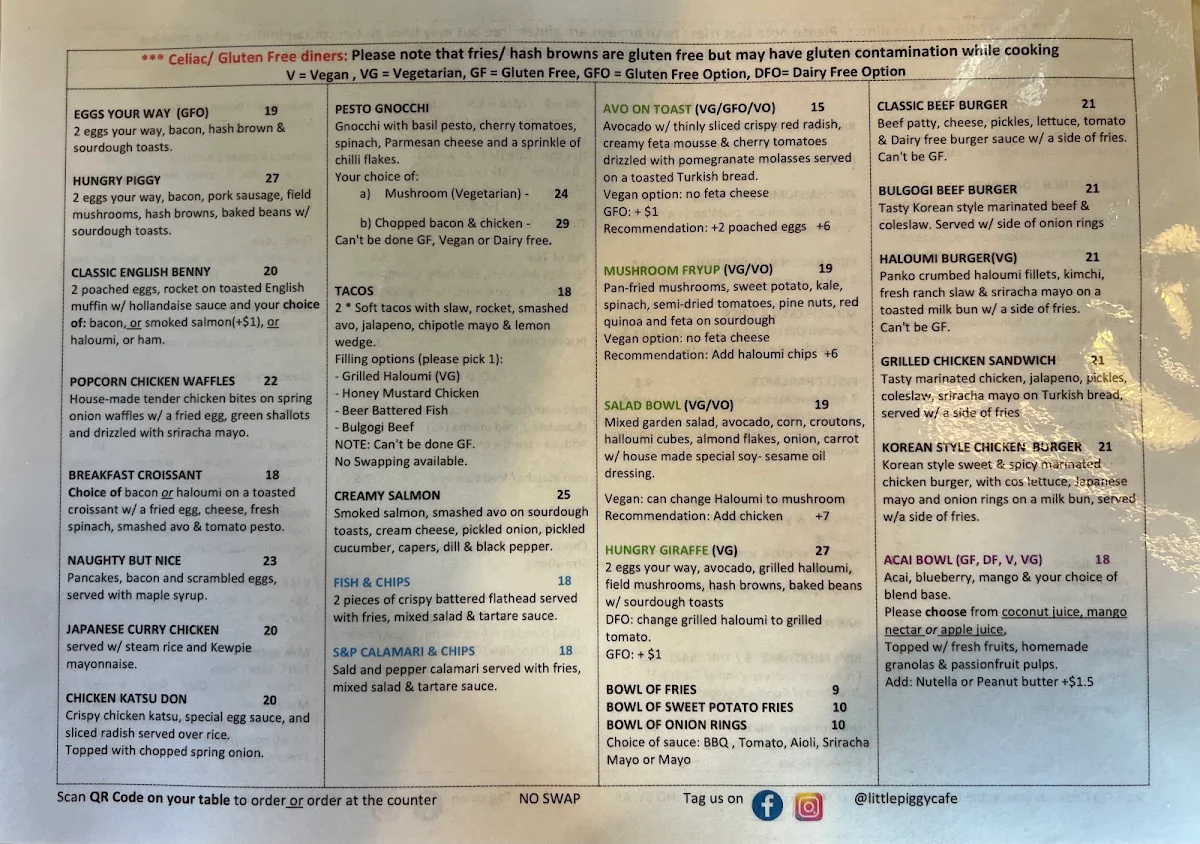 Menu, LITTLE PIGGY CAFE