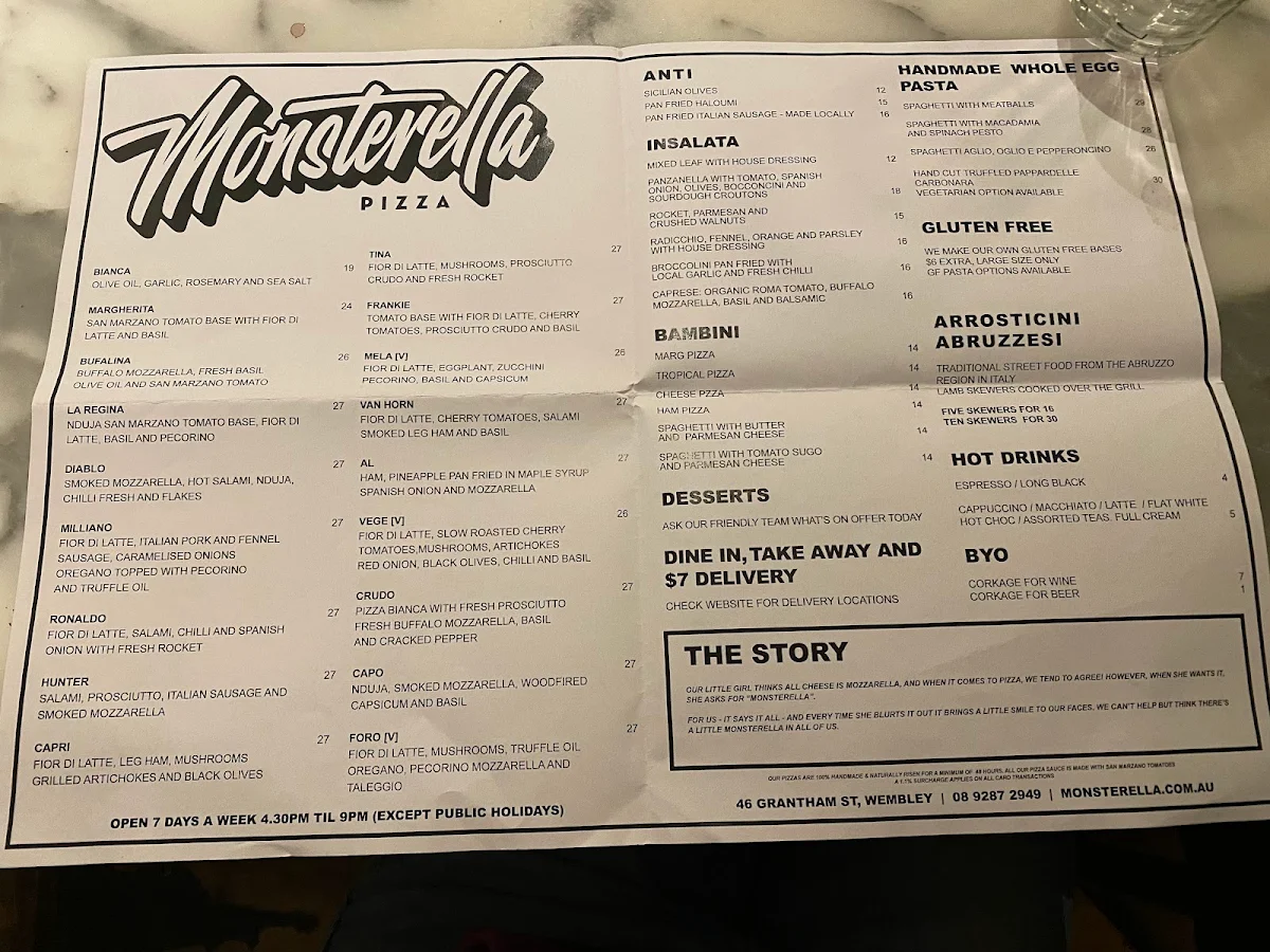 Menu, Monsterella Pizza