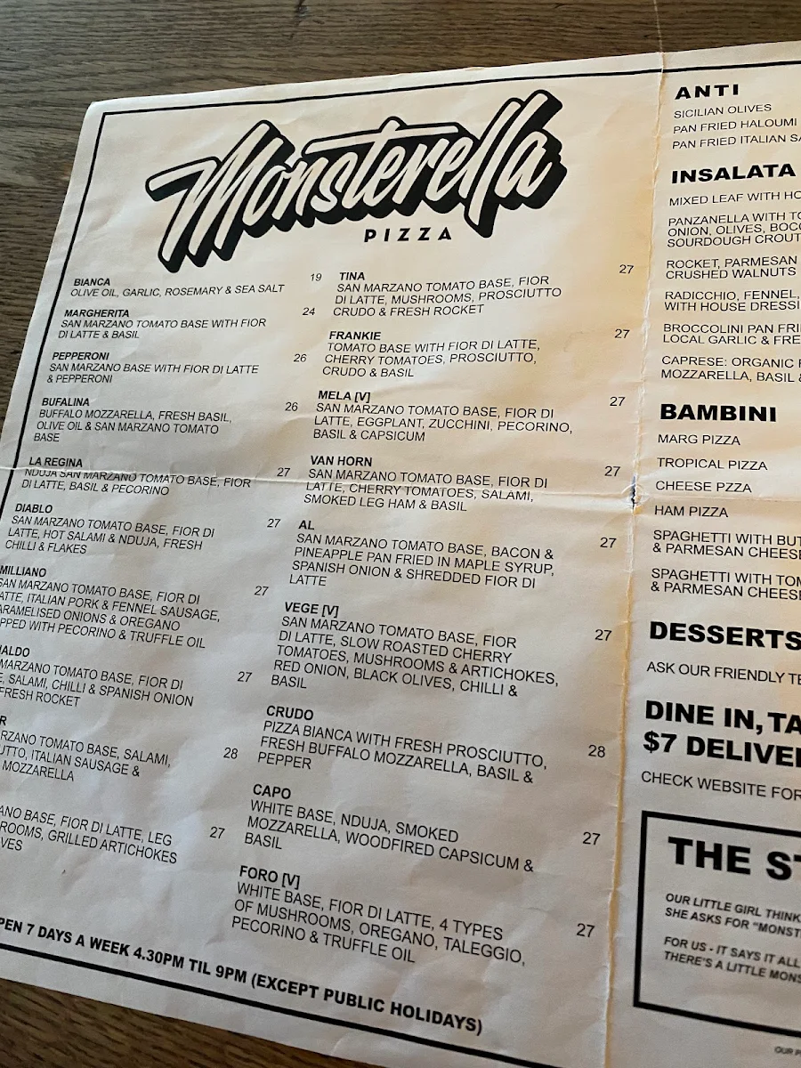 Menu, Monsterella Pizza