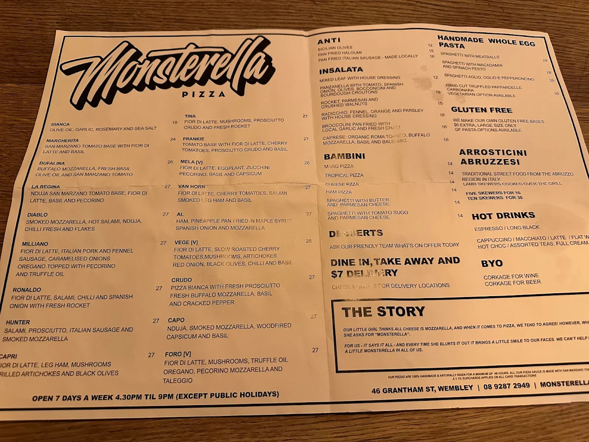 Menu, Monsterella Pizza