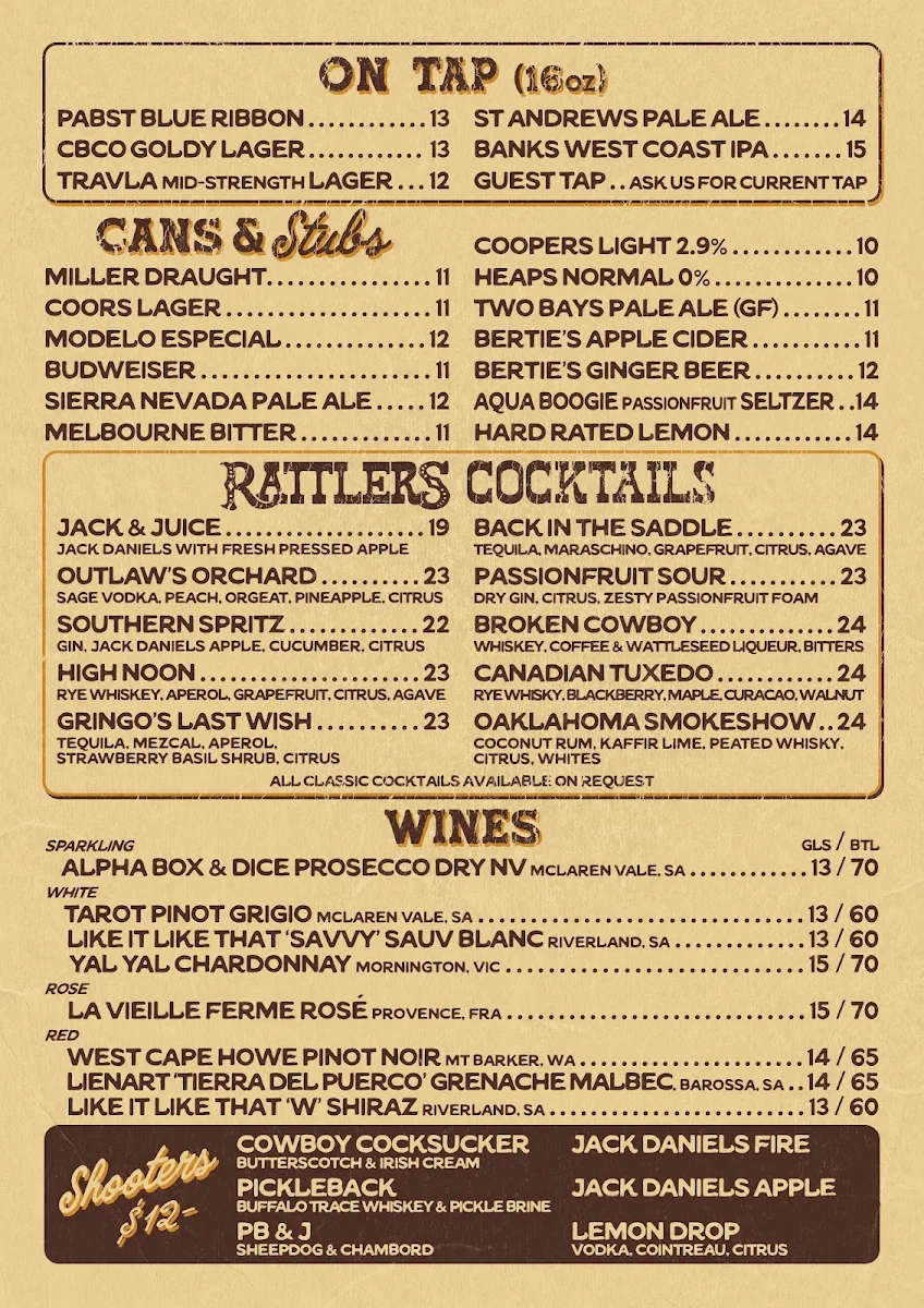 Menu, Rattlers Saloon