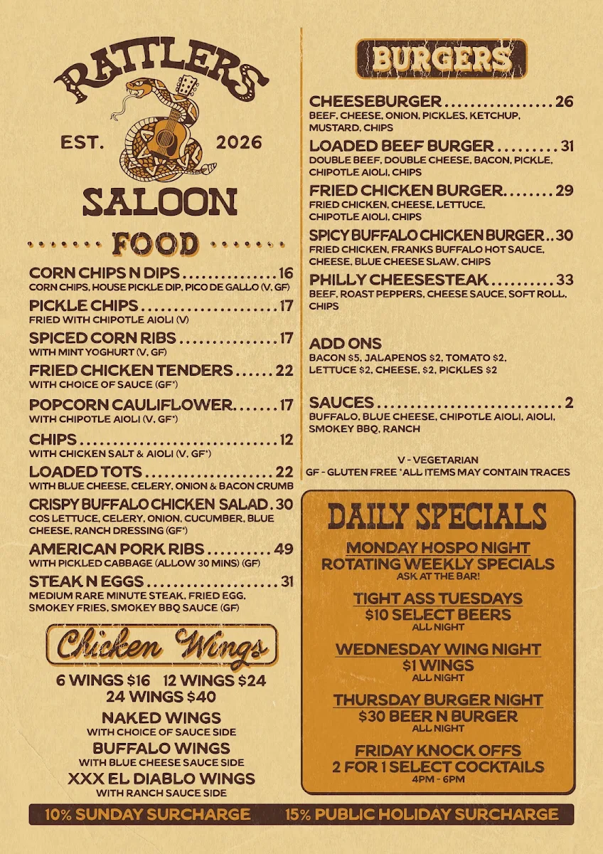 Menu, Rattlers Saloon