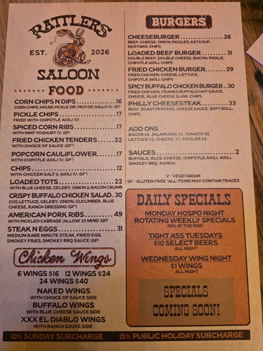 Menu, Rattlers Saloon