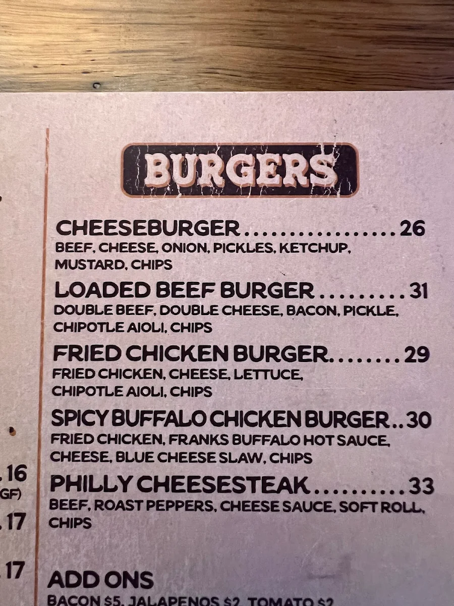 Menu, Rattlers Saloon