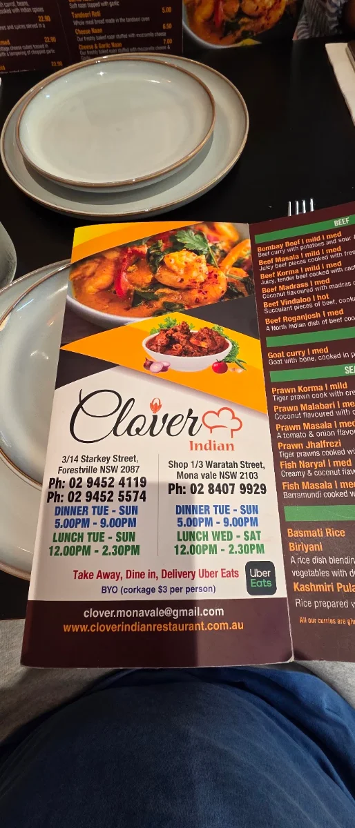 Menu, Clover Indian