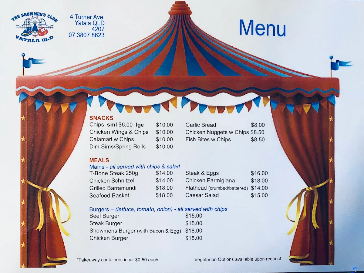 Menu, The Showmen's Club
