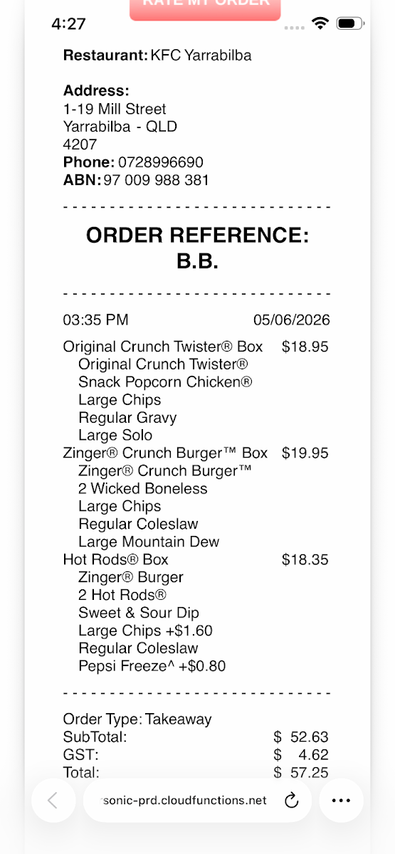 Menu, KFC Yarrabilba
