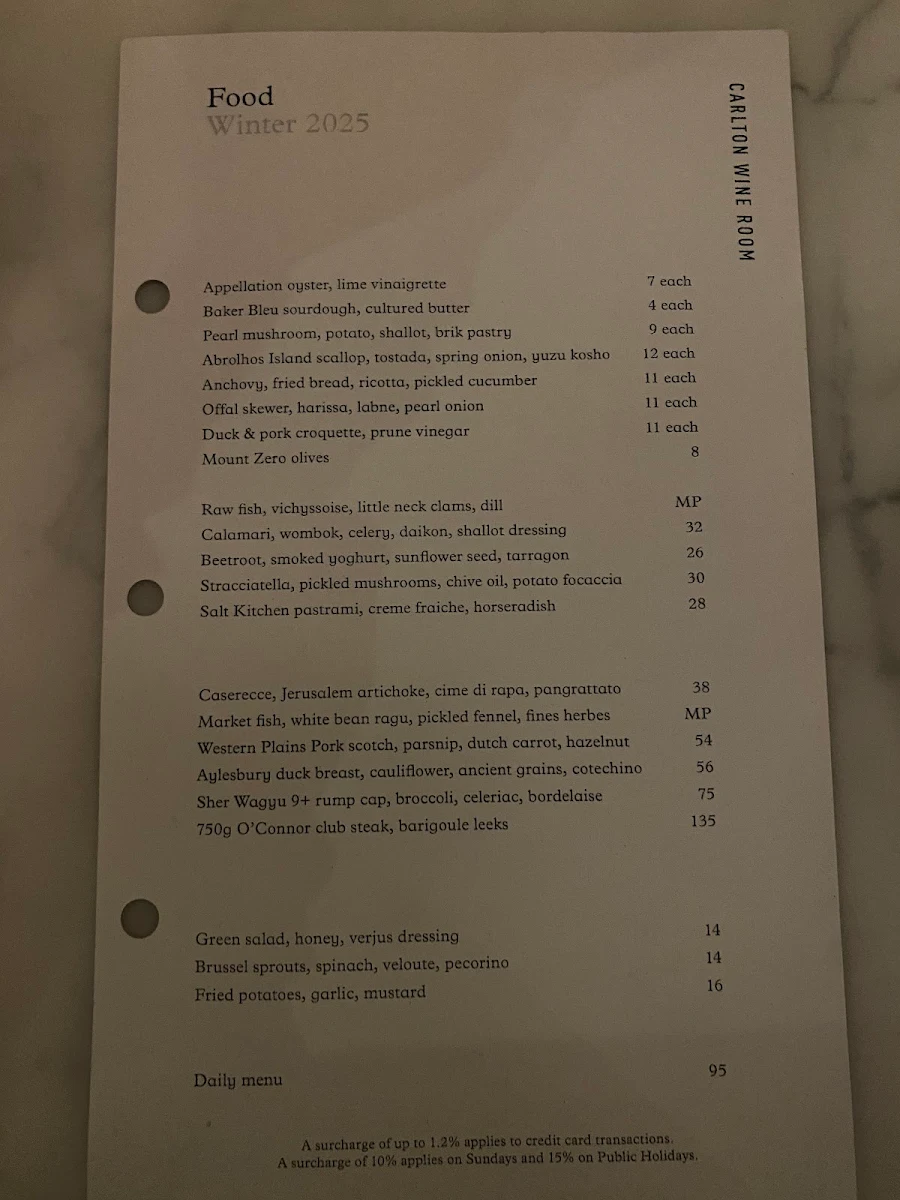 Menu, Carlton Wine Room