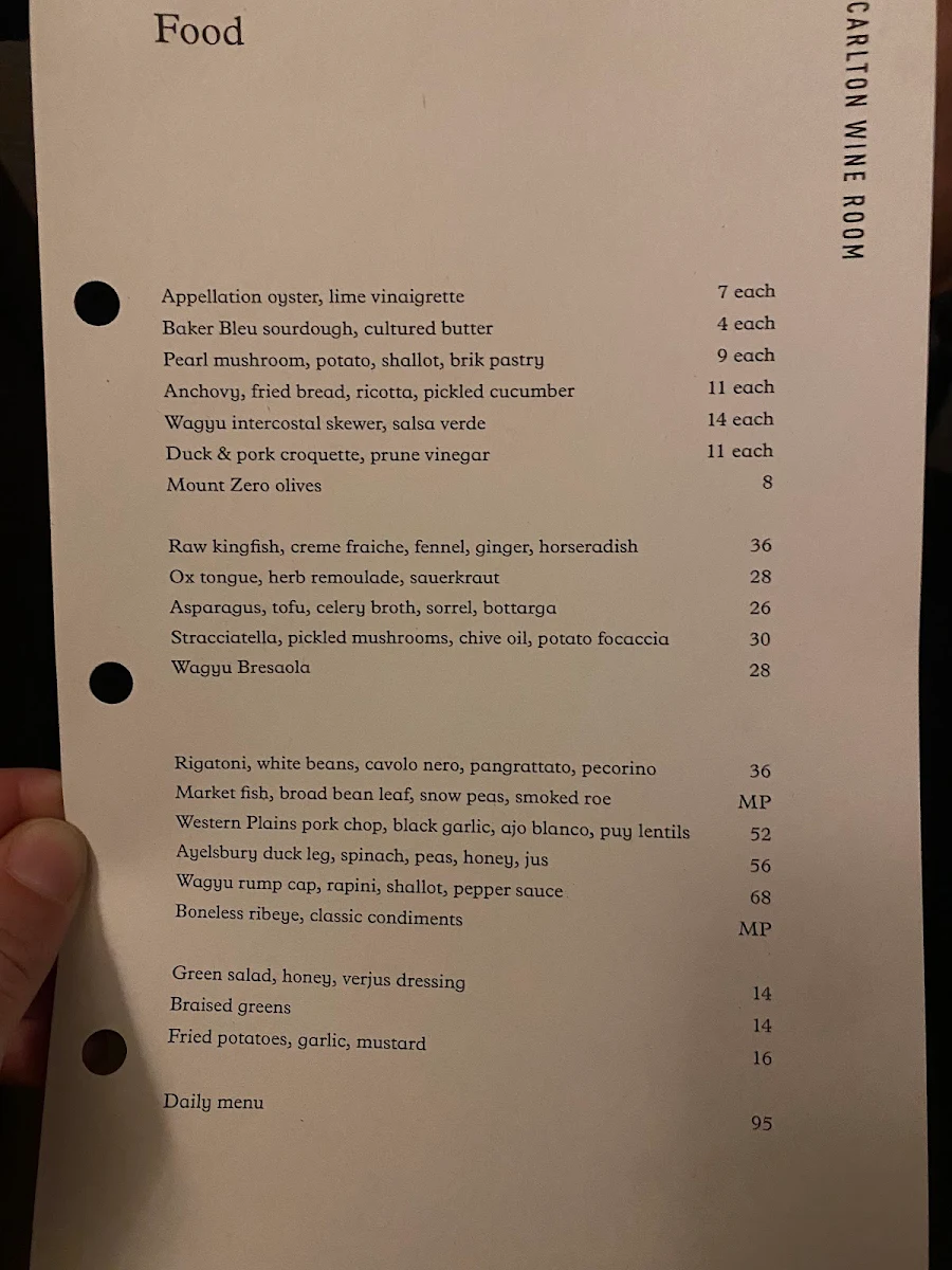 Menu, Carlton Wine Room