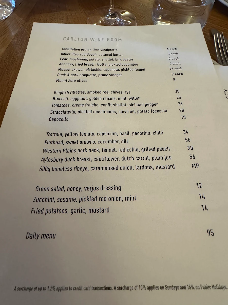 Menu, Carlton Wine Room