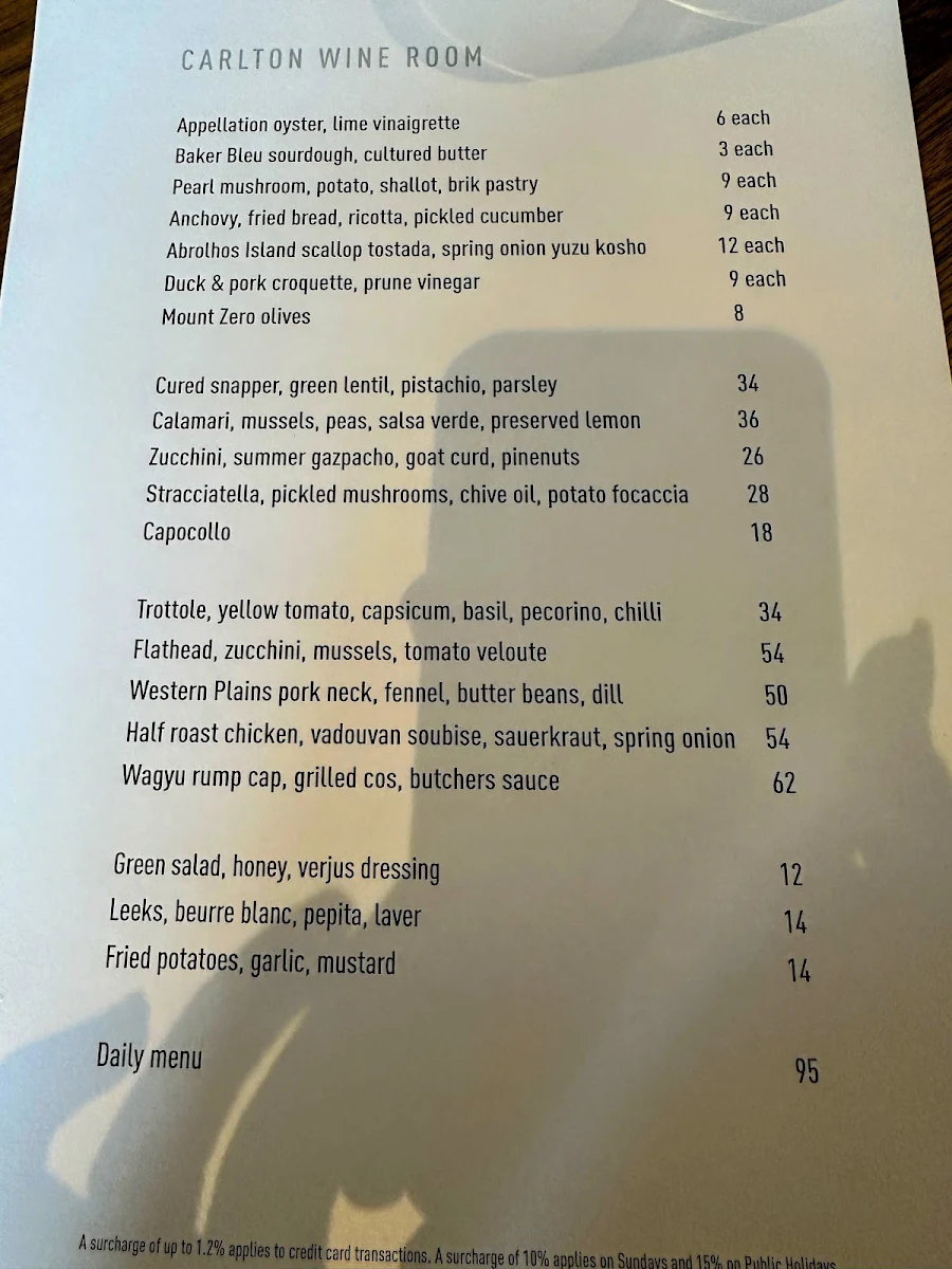 Menu, Carlton Wine Room