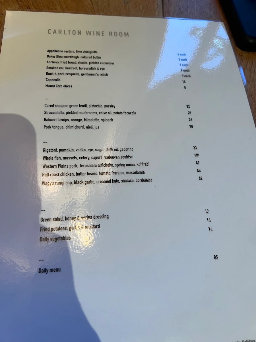 Menu, Carlton Wine Room