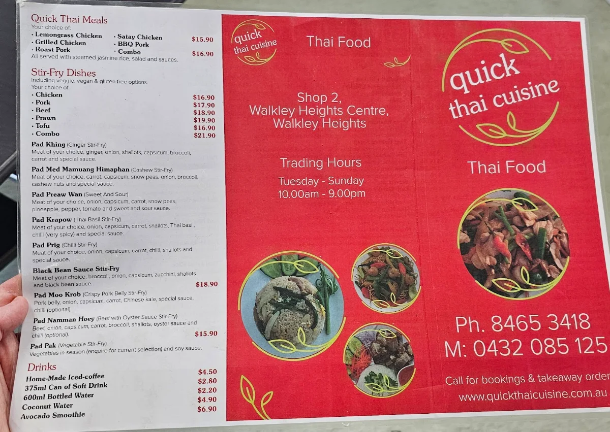 Menu, Quick Thai Cuisine