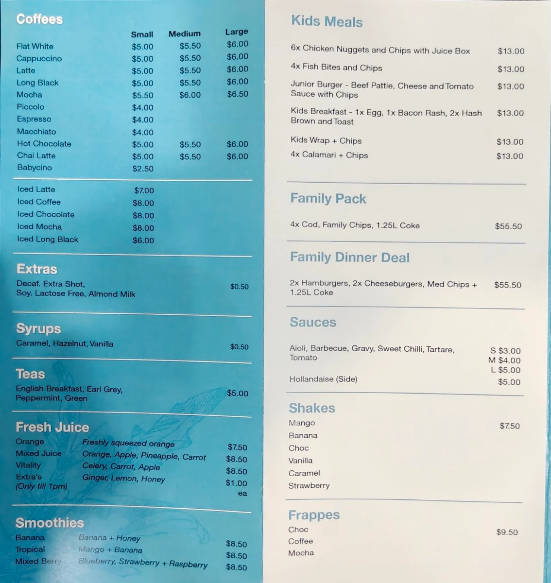Menu, Gurus cafe and Seafood