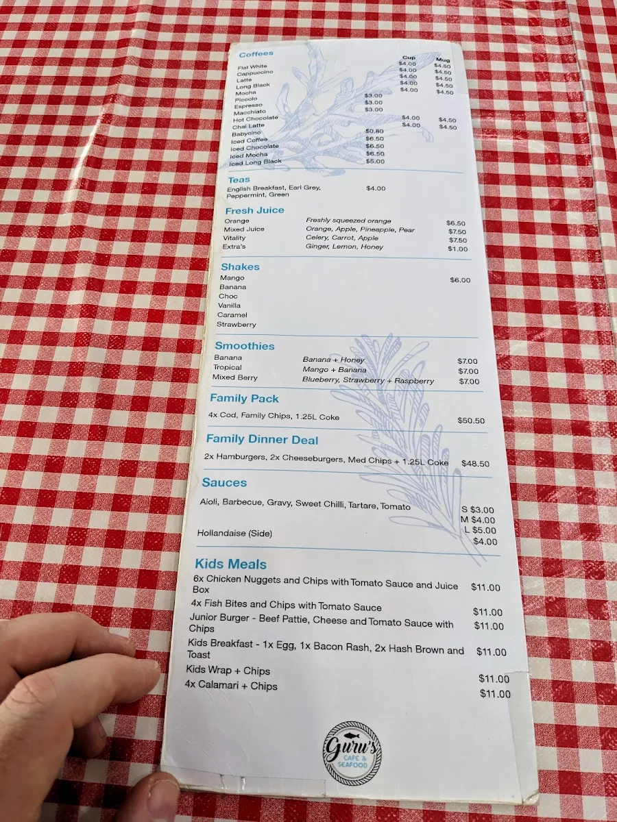 Menu, Gurus cafe and Seafood