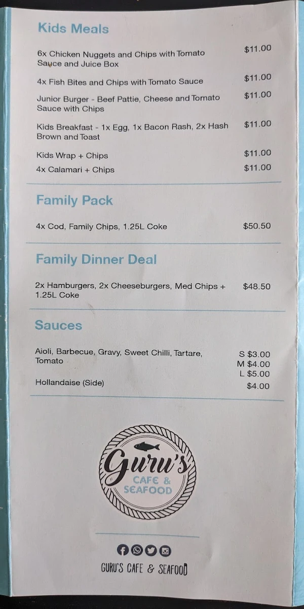 Menu, Gurus cafe and Seafood