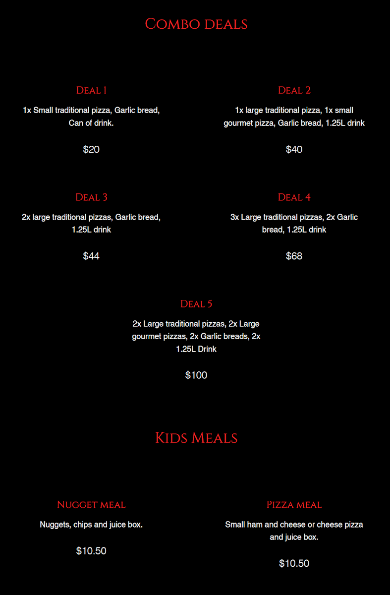 Menu, Wicked Bites Pizza