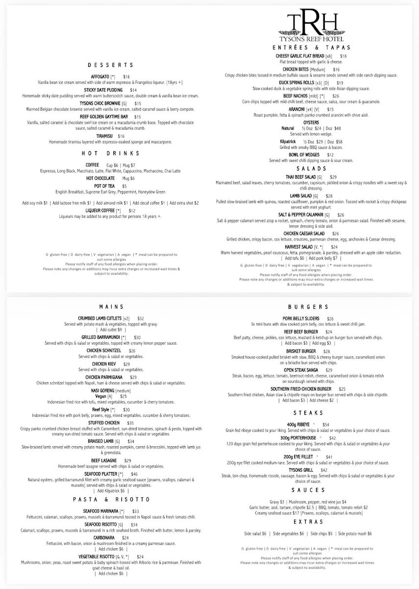 Menu, Tysons Reef Hotel