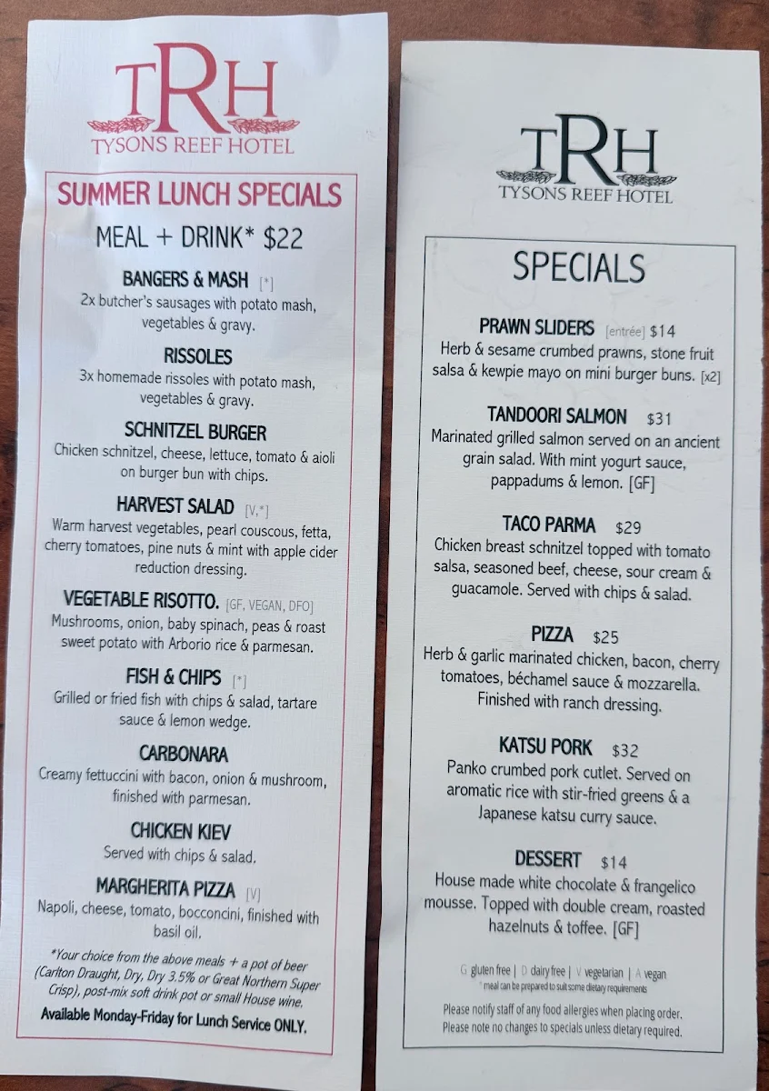 Menu, Tysons Reef Hotel