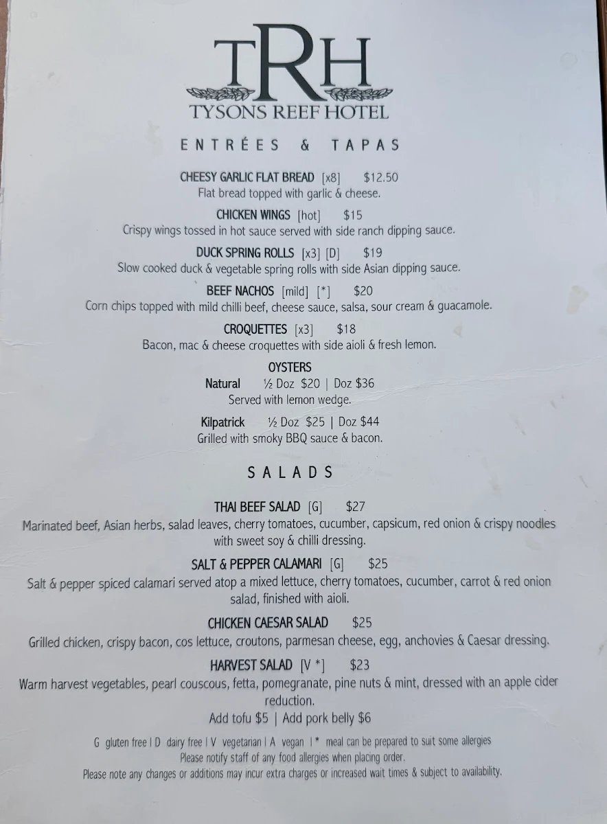 Menu, Tysons Reef Hotel