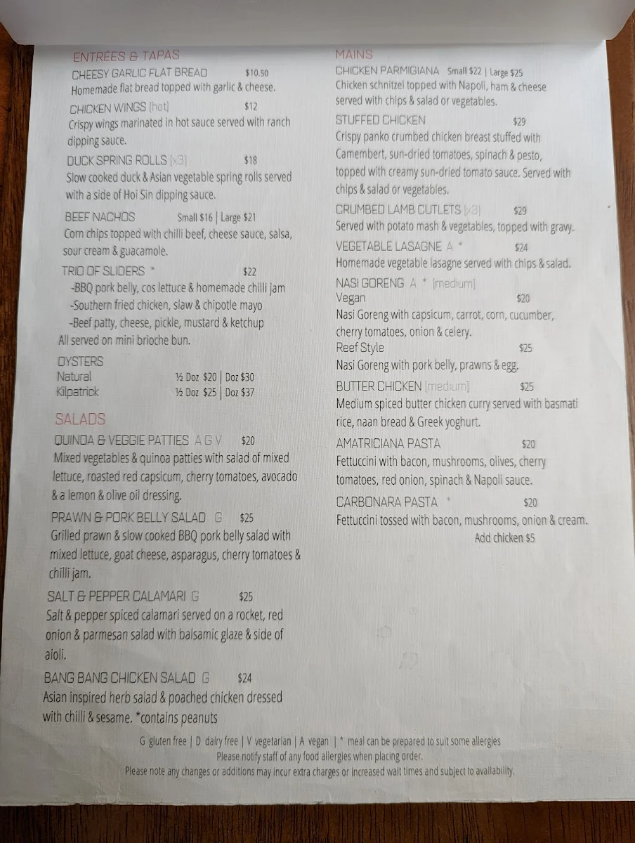 Menu, Tysons Reef Hotel