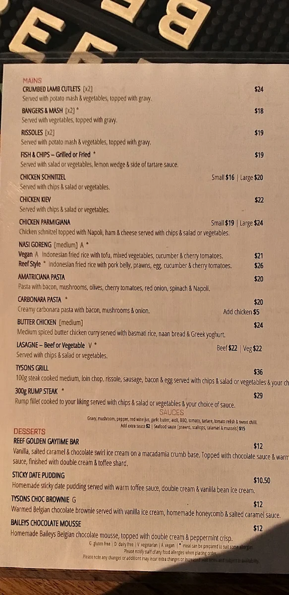 Menu, Tysons Reef Hotel