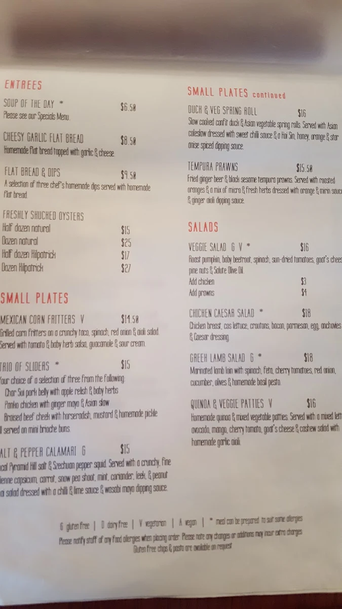 Menu, Tysons Reef Hotel