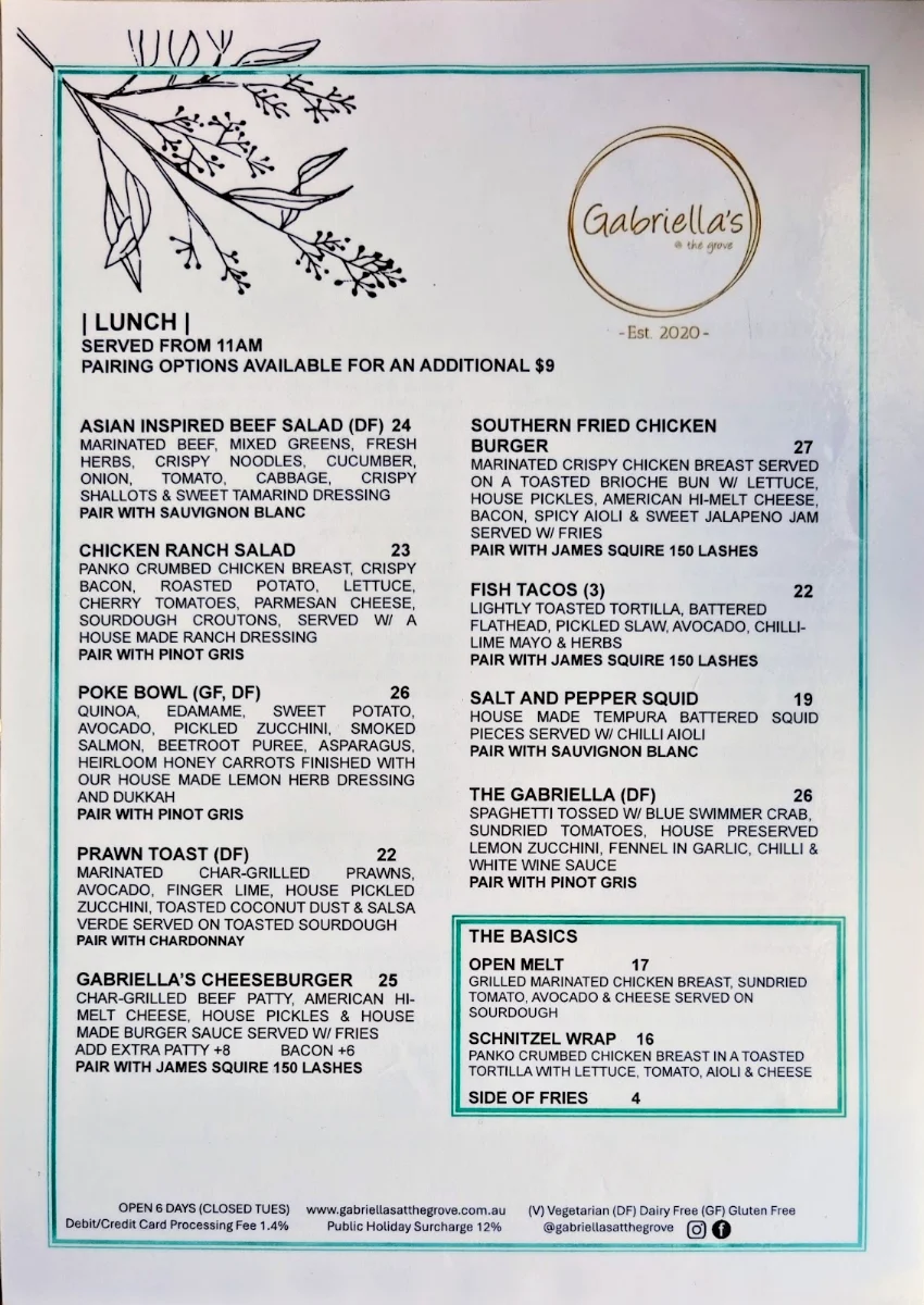 Menu, Gabriella's at the Grove