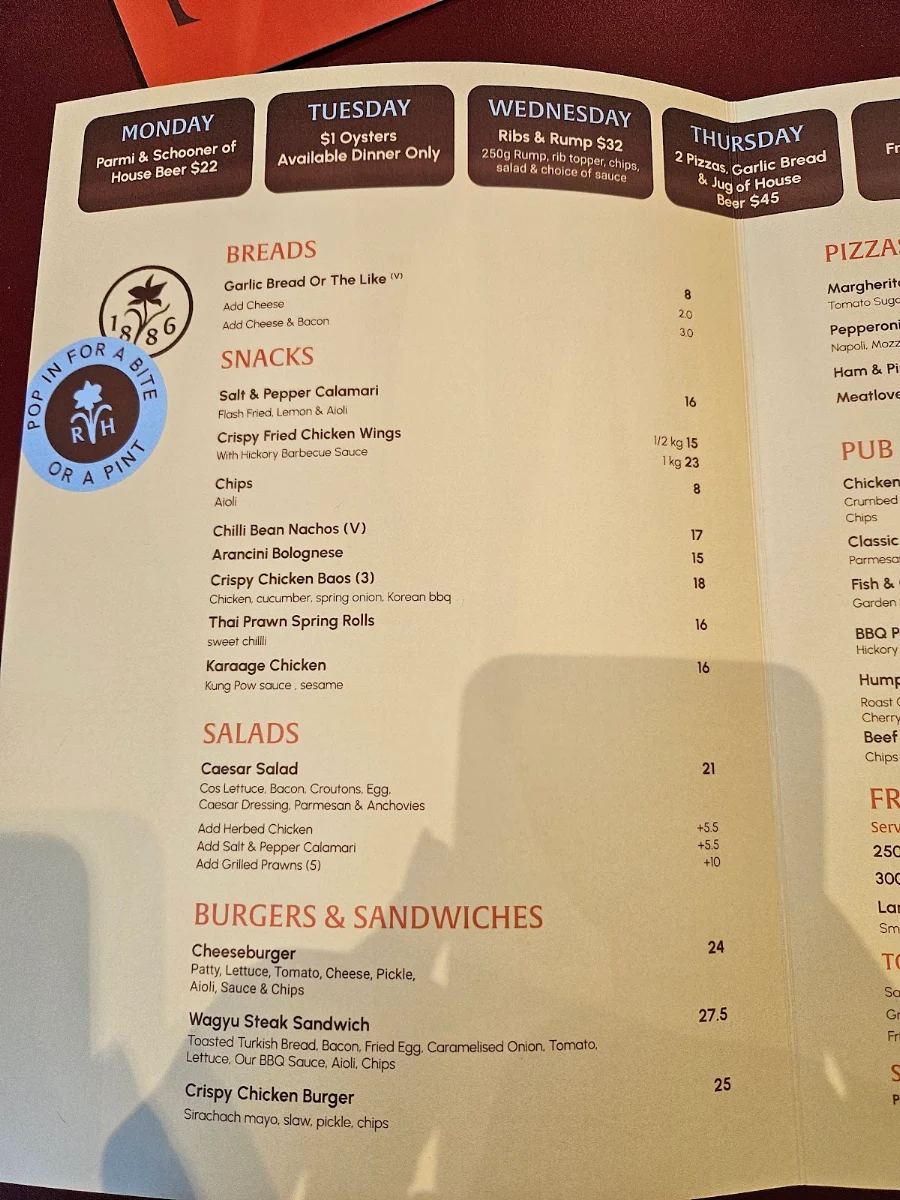Menu, Royal Hotel